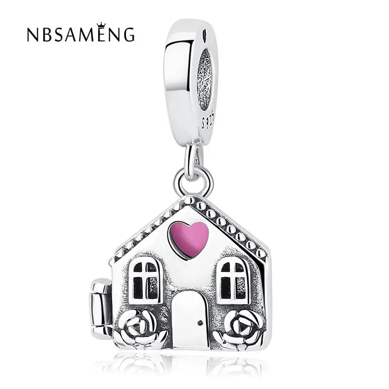 925 Silver Bead Pale Pink Enamel Dangle Charm Bead Fit Bracelets DIY