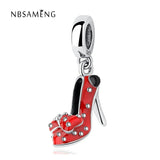 925 Silver Red Enamel Bow Stilettos Charm DIY Jewelry