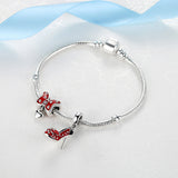 925 Silver Red Enamel Bow-knot Pendant Charm for Bracelets DIY Jewelry