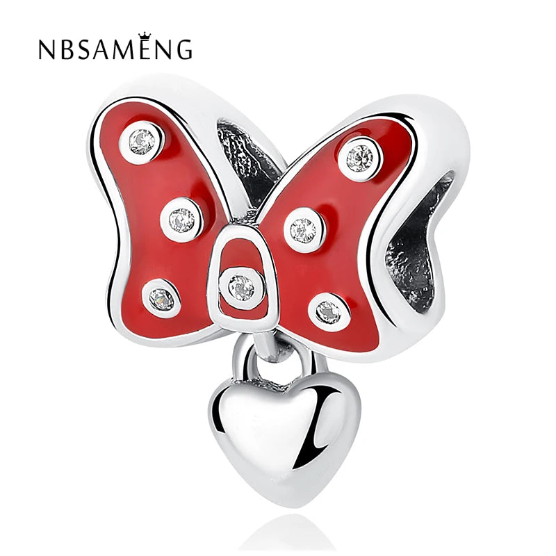 925 Silver Red Enamel Bow-knot Pendant Charm for Bracelets DIY Jewelry