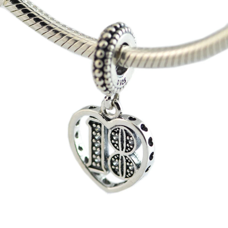 925 Silver 18 Years of Love Heart Charms Beads for Bracelet Making