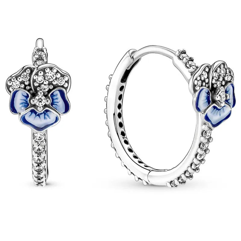 925 Silver Pansy Flower Crystal Hoop Earrings Wedding Gift