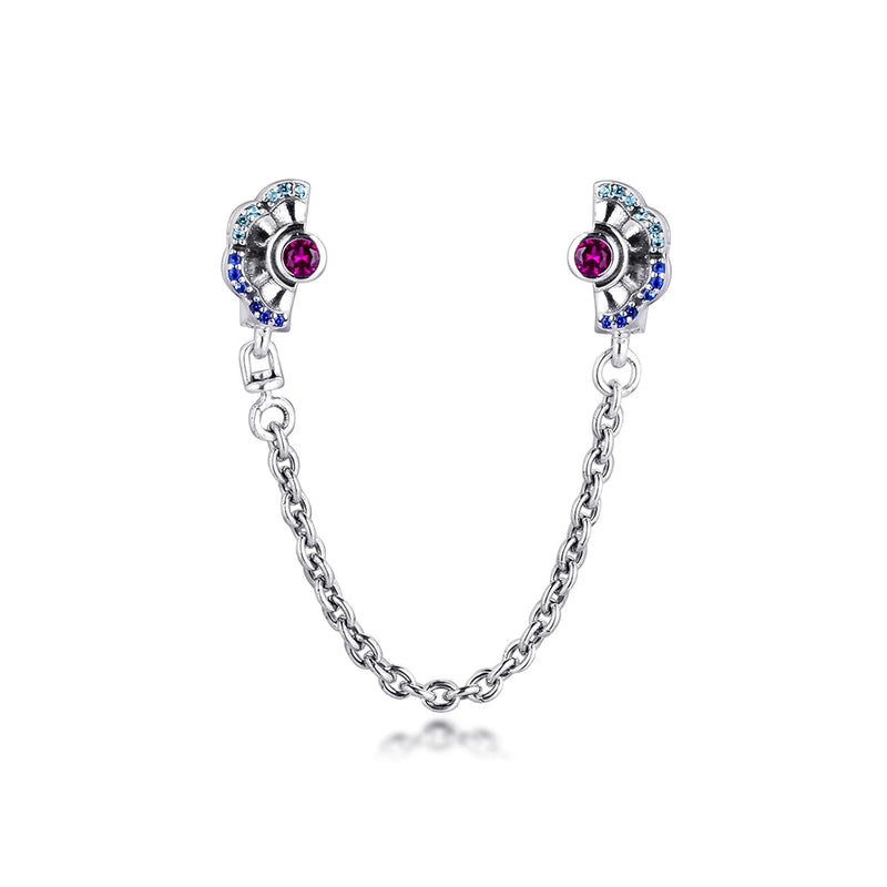 925 Silver & Pink Fan Safety Chain Clip Charm Bracelet Stopper Bead