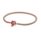 925 Sterling Silver Bracelet Heart Closure Snake Chain Fit Women Bead Charm