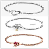 925 Sterling Silver Bracelet Heart Closure Snake Chain Fit Women Bead Charm