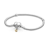 925 Sterling Silver Bracelet Heart Closure Snake Chain Fit Women Bead Charm