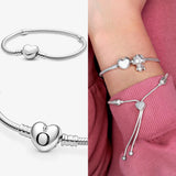 925 Silver Bracelet Snake Chain Leather Charm for Women
