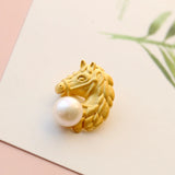 925 Silver Brooch 18K Plated Horsehead with Natural Pearl