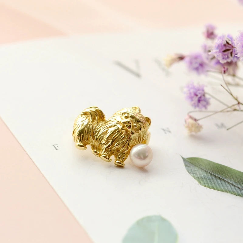 925 Silver Brooch 18K Plated Pug Dog Freshwater Pearl