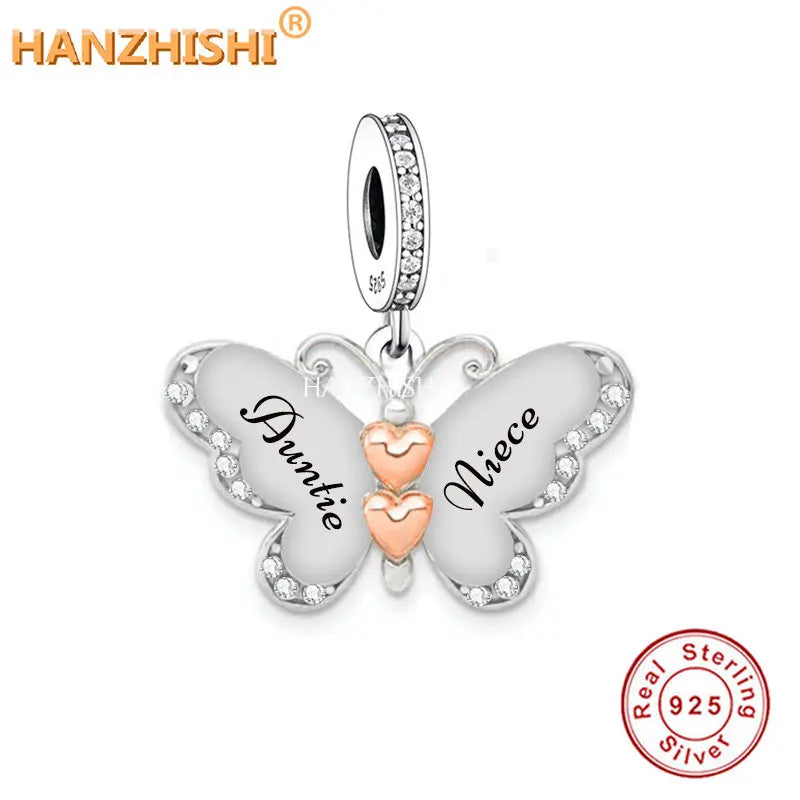 925 Sterling Silver Butterfly Dangle Charms Beads Engrave Mother Son Bracelet