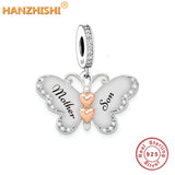 925 Sterling Silver Butterfly Dangle Charms Beads Engrave Mother Son Bracelet