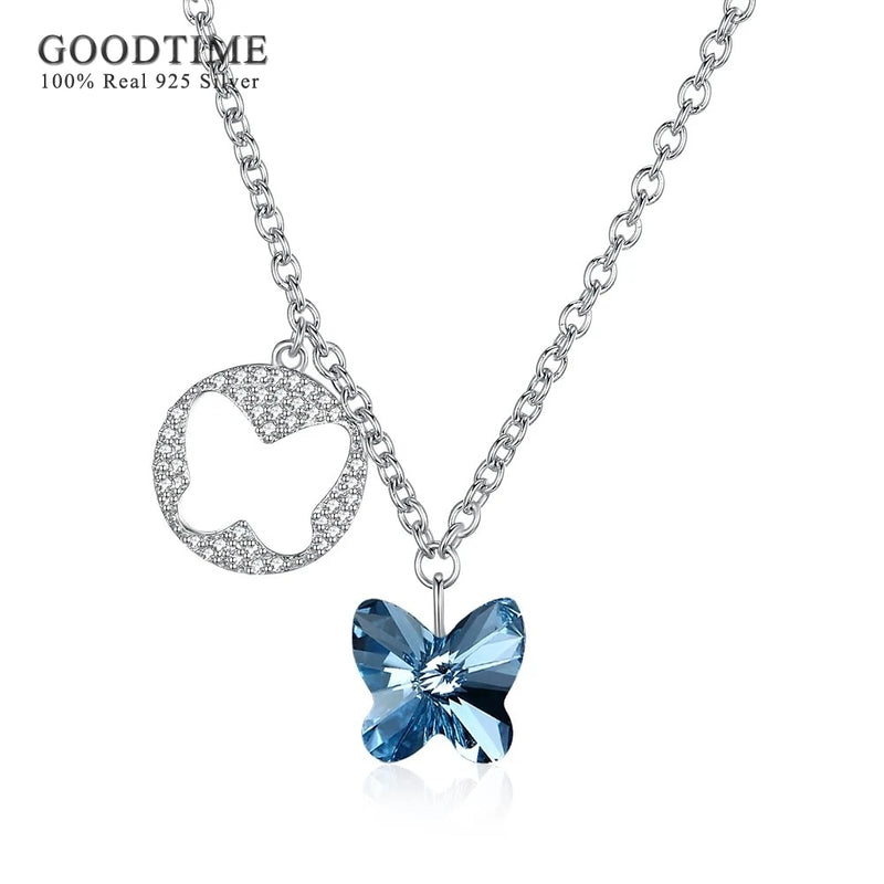 925 Silver Butterfly Pendant Necklaces Sparkling & Pink Crystal Jewelry