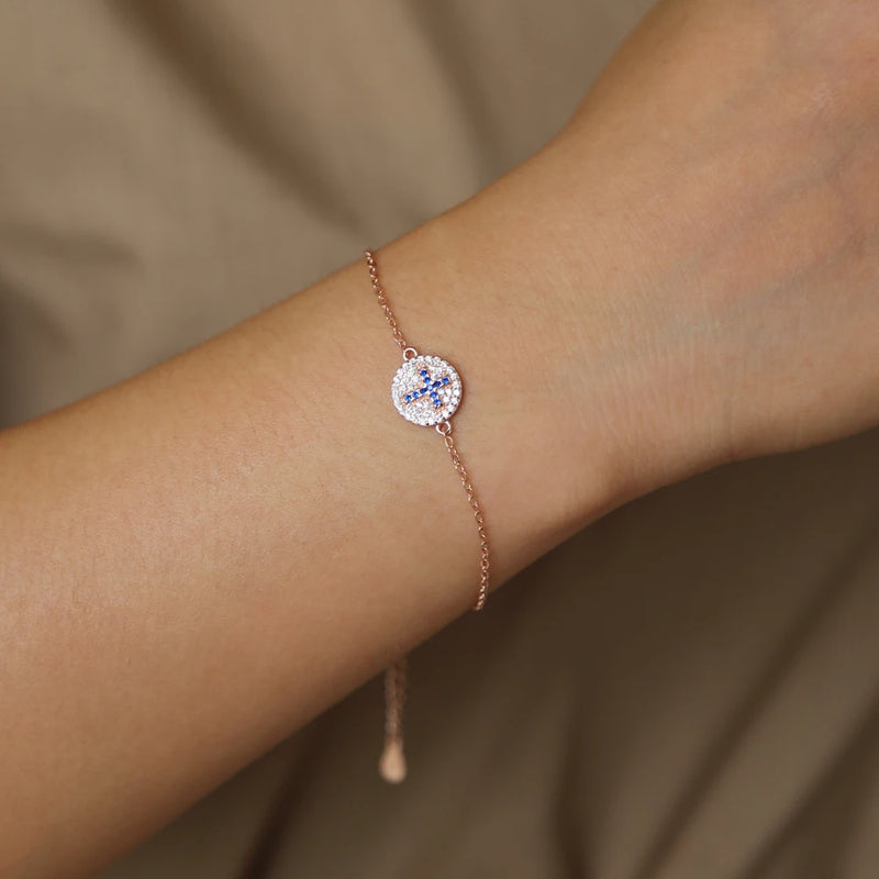 925 Silver Evil Eye CZ Cross Charm Bracelet Adjustable Bangle Rhinestone
