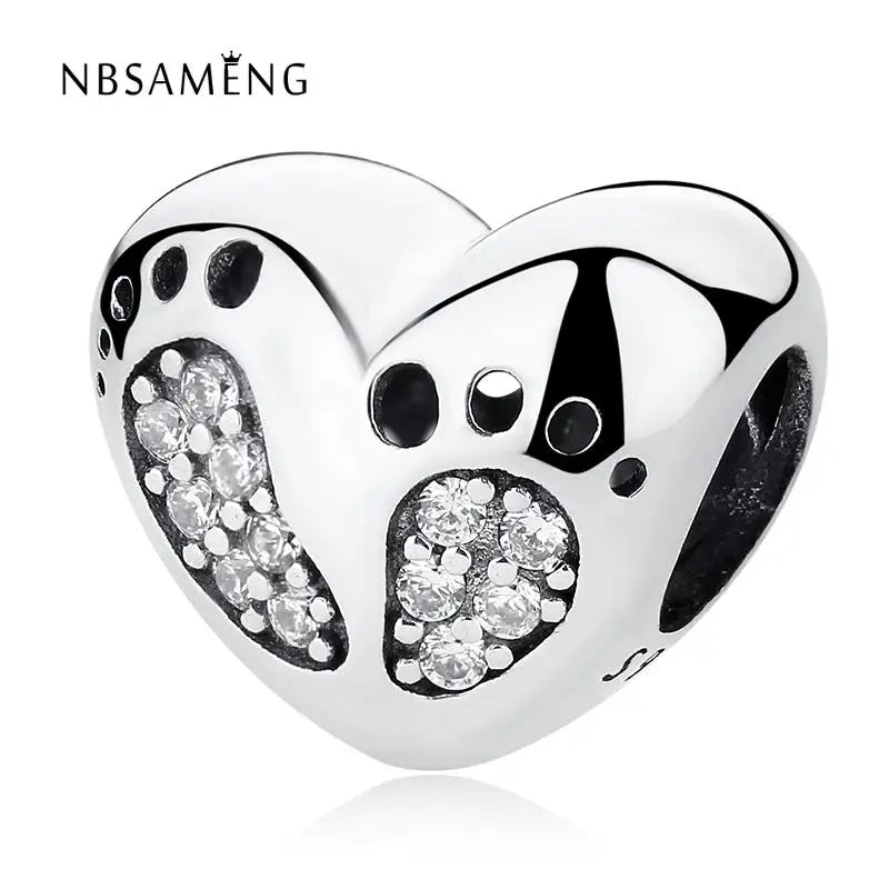 925 Silver Baby Footprint Heart Charm Bead for Bracelets DIY Jewelry