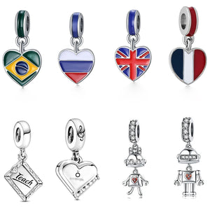 Sterling Silver Brazil Flag Heart Beads for DIY Jewelry
