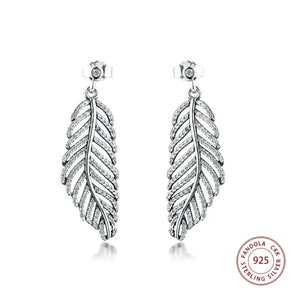 925 Silver CZ Feather Stud Earrings Women Wedding Jewelry