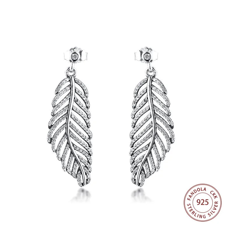 925 Silver CZ Feather Stud Earrings Women Wedding Jewelry