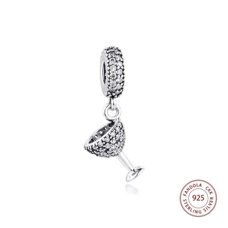 925 Silver Cocktail Glass Crystal CZ Charms for Bracelet Jewelry Making