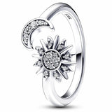 925 Silver Crescent Moon Sun Open Ring Crystal Women Gift