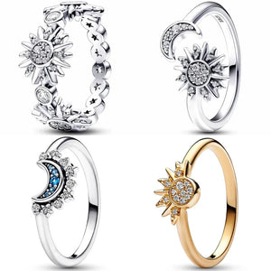 925 Silver Crescent Moon Sun Open Ring Crystal Women Gift