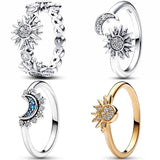 925 Silver Crescent Moon Sun Open Ring Crystal Women Gift