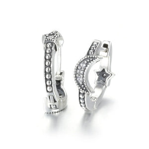 925 Silver Crescent Moon & Stars Hoop Earrings For Women Gift