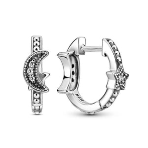 925 Silver Crescent Moon & Stars Hoop Earrings For Women Gift