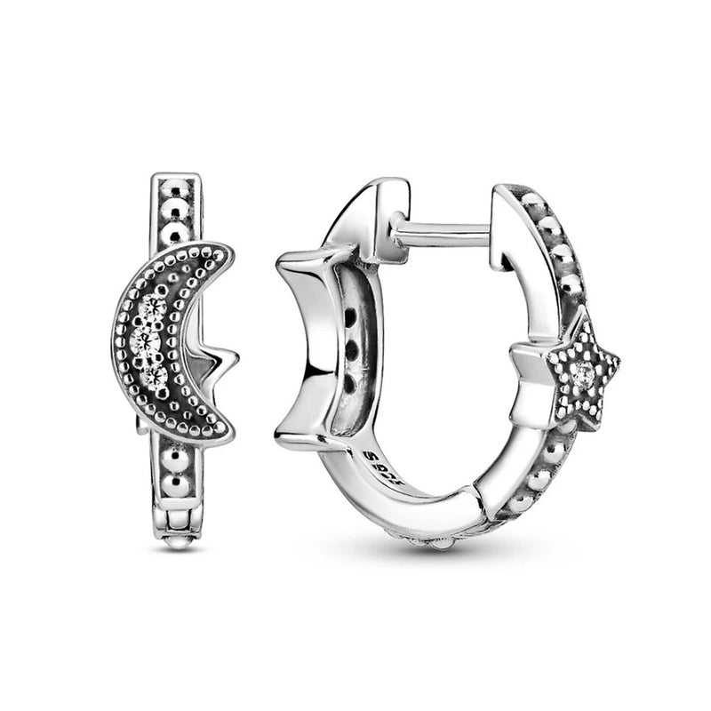 925 Silver Crescent Moon & Stars Hoop Earrings For Women Gift