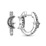 925 Silver Crescent Moon & Stars Hoop Earrings For Women Gift