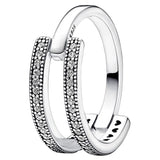 925 Silver Crescent Moon Stars Two-tone & Pave Double Band Ring