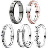925 Silver Crescent Moon Stars Two-tone & Pave Double Band Ring