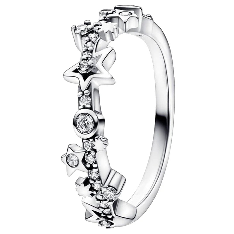 925 Silver Crescent Moon Stars Pave Double Band Ring Women Gift