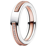 925 Silver Crescent Moon Stars Two-tone & Pave Double Band Ring