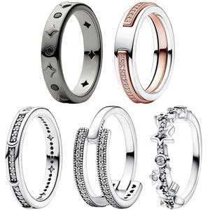 925 Silver Crescent Moon Stars Pave Double Band Ring Women Gift