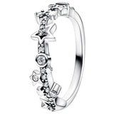 925 Silver Crescent Moon Stars Two-tone & Pave Double Band Ring