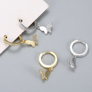 925 Silver Butterfly Hoop Earrings Zircon Buckle Wedding Jewelry