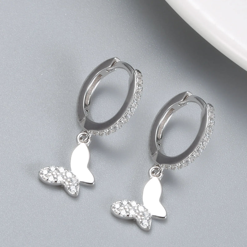 925 Silver Butterfly Hoop Earrings Zircon Buckle Wedding Jewelry