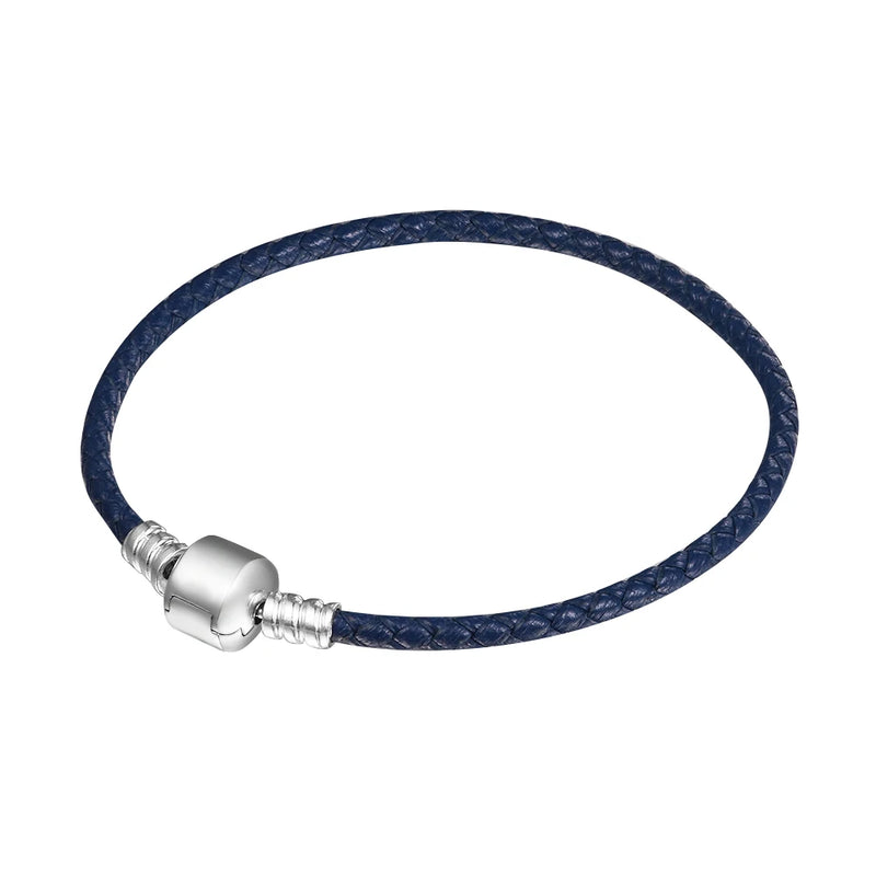 925 Silver Leather Bracelet Barrel Clasp Femme Pulseras
