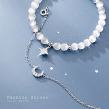 925 Silver Double Rows Cat's Eye Opal Chain Bracelet Moon Star Charms