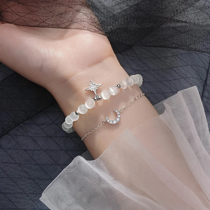925 Silver Double Rows Cat's Eye Opal Chain Bracelet Moon Star Charms