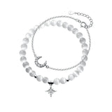 925 Silver Double Rows Cat's Eye Opal Chain Bracelet Moon Star Charms