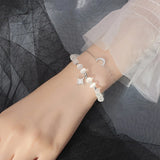 925 Silver Double Rows Cat's Eye Opal Chain Bracelet Moon Star Charms