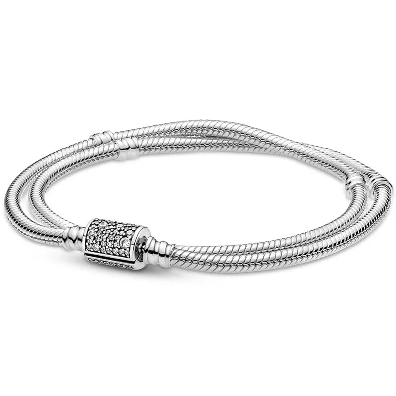 925 Silver Double Wrap Barrel Clasp Snake Chain Two Way Bracelet Bangle