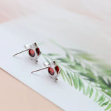 925 Silver Earring Red Garnet Fox Earstuds Lady Party Jewelry Gift