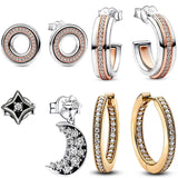 925 Silver Moon & Star Two-Tone Hoop Earrings with Pave Circle, Women's Gift