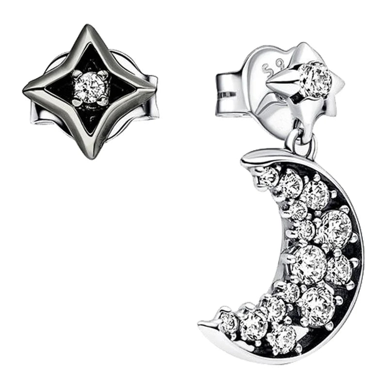 925 Silver Earring Moon Star Two Tone Pave Circle Hoop For Women
