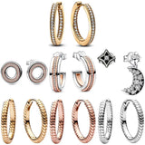 925 Silver Earring Moon Star Two Tone Pave Circle Hoop For Women