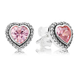 925 Silver Earring Sparkling Rose Love Heart Red Crystal Stud For Women
