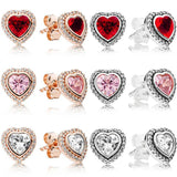 925 Silver Earring Sparkling Rose Love Heart Red Crystal Stud For Women