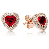 925 Silver Earring Sparkling Rose Love Heart Red Crystal Stud For Women